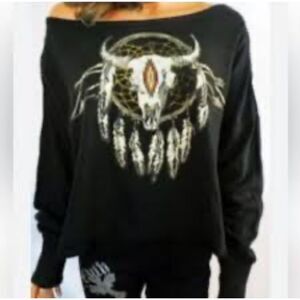 DENIM & SUPPLY RALPH LAUREN BLACK STEER SKULL DREAM CATCHER KNIT TOP SIZE MEDIUM